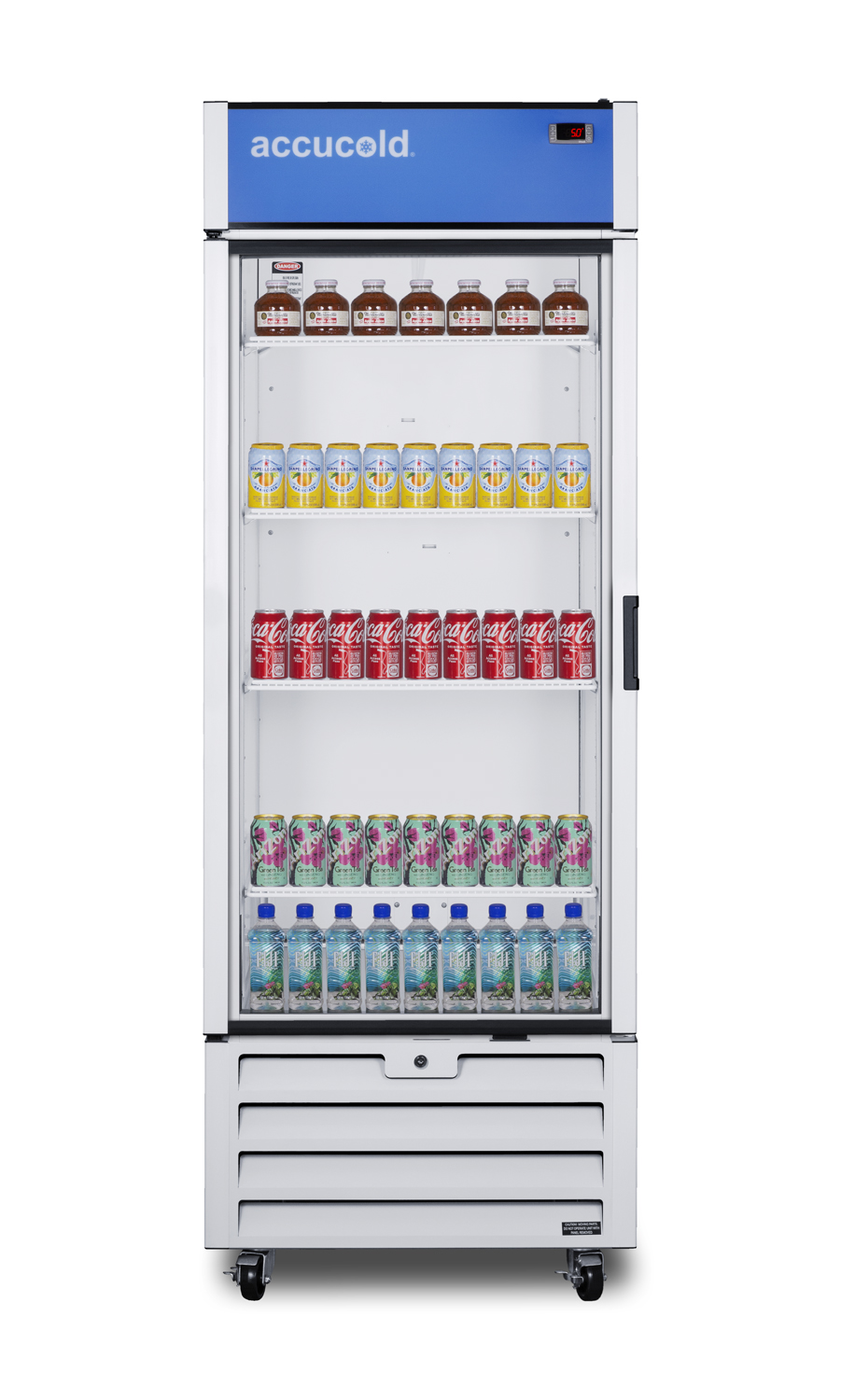 21.34 cu.ft. commercial beverage center with self-closing glass door, front lock, and white cabinet